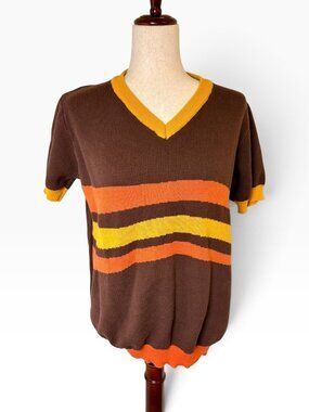 OXKNIT Retro Sunset Stripe Brown Orange Knit V-Neck Tee Large